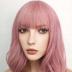 Short Pink Wig With Bangs Shoulder Length Synthetic Cosplay Wig