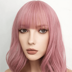 Short Pink Wig With Bangs Shoulder Length Synthetic Cosplay Wig