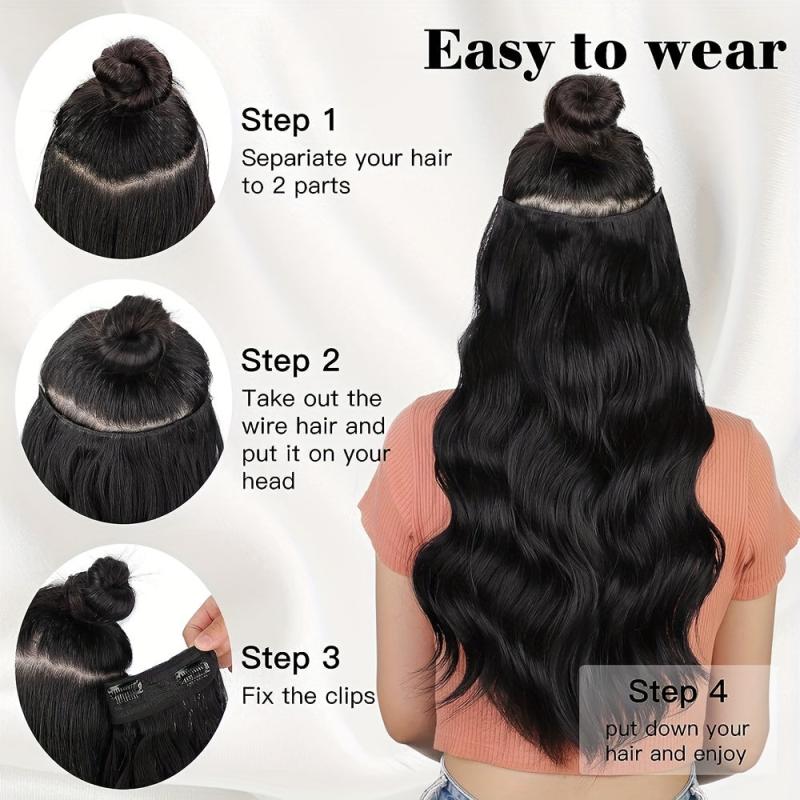 Long Wavy Hair Extensions Transparent Wire Synthetic Hair Adjustable Size
