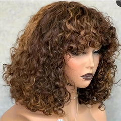 Blonde Brown Highlights Wig Fluffy Synthetic Wig Short Wigs With Bangs For Women