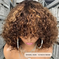 Blonde Brown Highlights Wig Fluffy Synthetic Wig Short Wigs With Bangs For Women