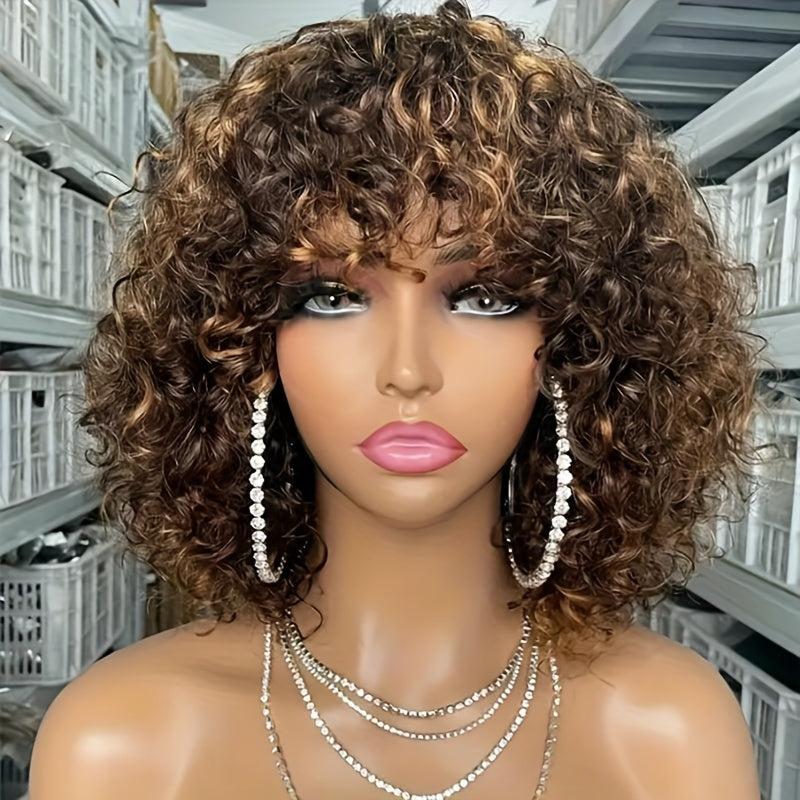 Blonde Brown Highlights Wig Fluffy Synthetic Wig Short Wigs With Bangs For Women