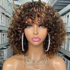 Blonde Brown Highlights Wig Fluffy Synthetic Wig Short Wigs With Bangs For Women