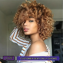 Blonde Brown Highlights Wig Fluffy Synthetic Wig Short Wigs With Bangs For Women