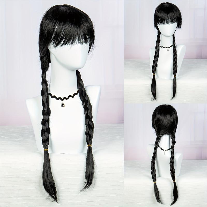Costume Black Long Wig With Bangs 2 Ponytails Synthetic Wig