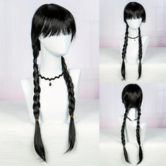 Costume Black Long Wig With Bangs 2 Ponytails Synthetic Wig