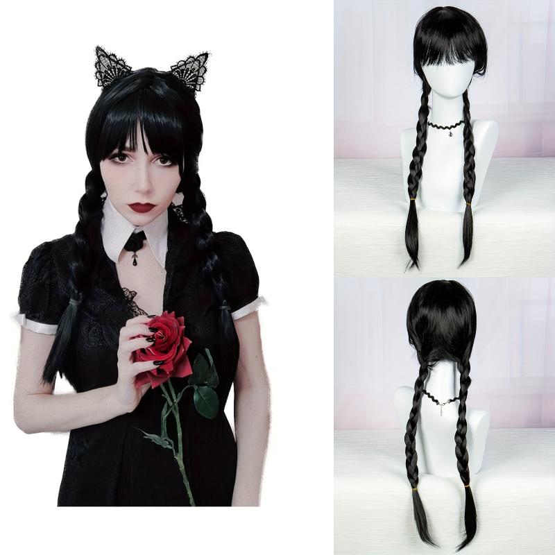 Costume Black Long Wig With Bangs 2 Ponytails Synthetic Wig