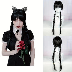 Costume Black Long Wig With Bangs 2 Ponytails Synthetic Wig
