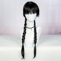 Costume Black Long Wig With Bangs 2 Ponytails Synthetic Wig