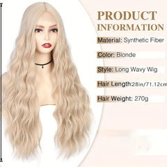 28 Inch Long Wavy Blonde Wig Middle Part Platinum Blonde Lace Wig Synthetic Wigs