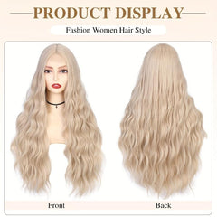 28 Inch Long Wavy Blonde Wig Middle Part Platinum Blonde Lace Wig Synthetic Wigs