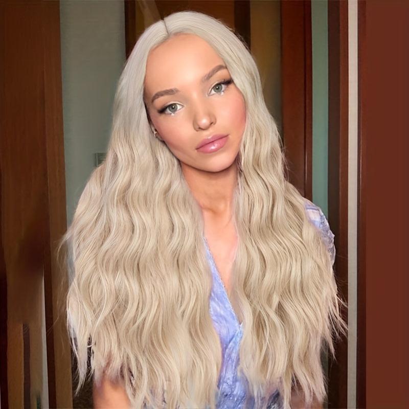 28 Inch Long Wavy Blonde Wig Middle Part Platinum Blonde Lace Wig Synthetic Wigs