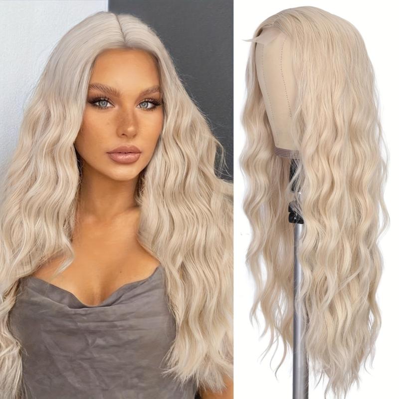 28 Inch Long Wavy Blonde Wig Middle Part Platinum Blonde Lace Wig Synthetic Wigs