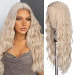 28 Inch Long Wavy Blonde Wig Middle Part Platinum Blonde Lace Wig Synthetic Wigs