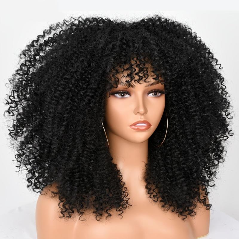 Short Afro Kinky Curly Wigs With Bangs For Women Synthetic Soft Curly Hair Wigs