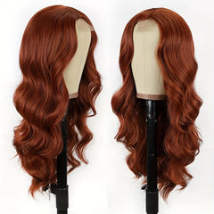 Curly Wavy T Part Lace Front Wig Orange 60cm Natural Looking Synthetic Fiber