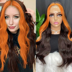 Curly Wavy T Part Lace Front Wig Orange 60cm Natural Looking Synthetic Fiber