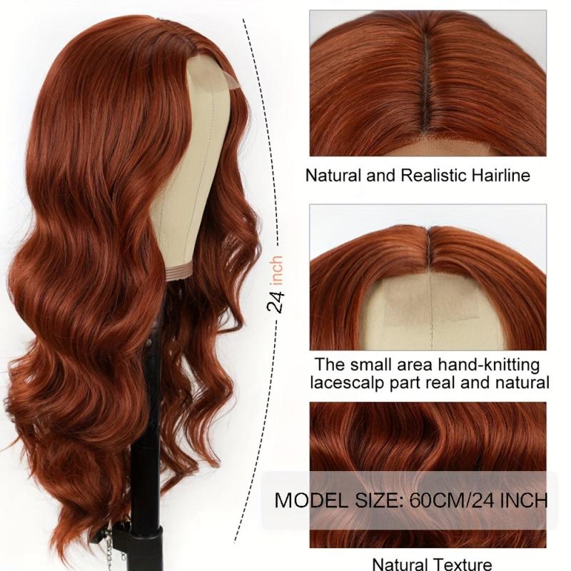 Curly Wavy T Part Lace Front Wig Orange 60cm Natural Looking Synthetic Fiber