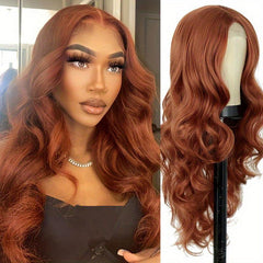 Curly Wavy T Part Lace Front Wig Orange 60cm Natural Looking Synthetic Fiber