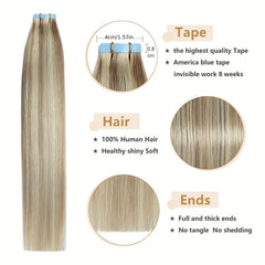 20pcs Long Curly Human Hair Tape In Extensions - Natural Look for Daily Use