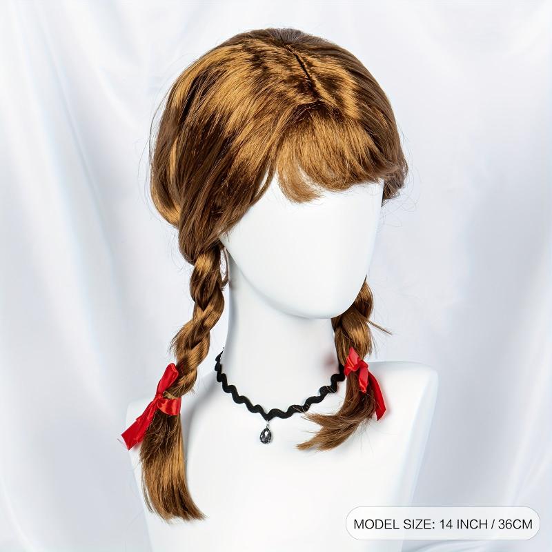 Brown Long Wig With Bangs 2 Ponytails Synthetic Wig For Halloween Cosplay