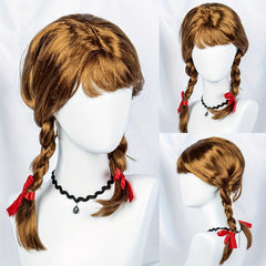 Brown Long Wig With Bangs 2 Ponytails Synthetic Wig For Halloween Cosplay