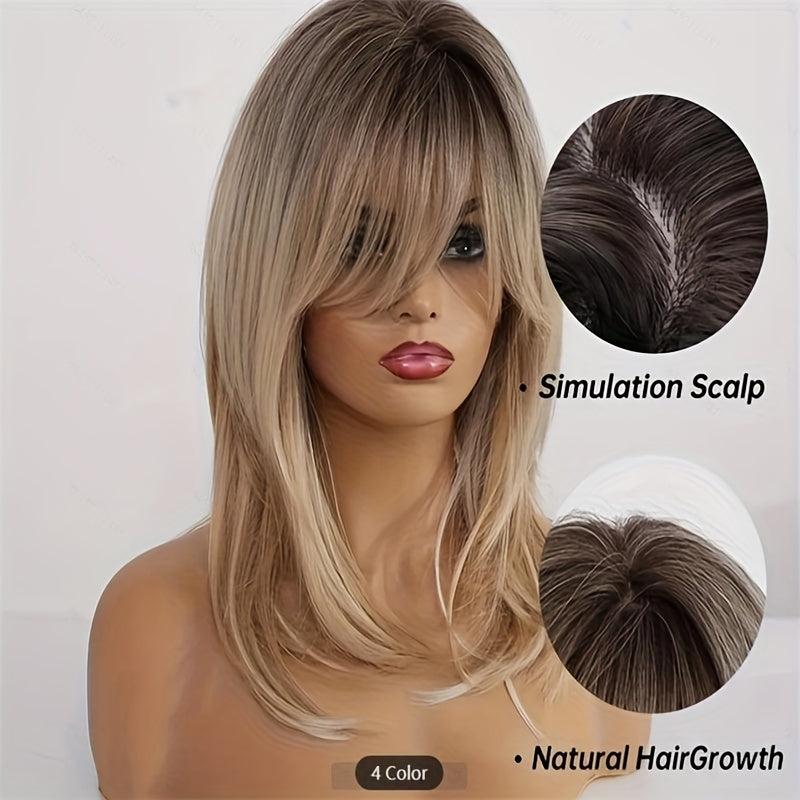 Long Blonde Wig Bangs Dark Roots Layered Synthetic Hair