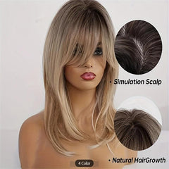 Long Blonde Wig Bangs Dark Roots Layered Synthetic Hair
