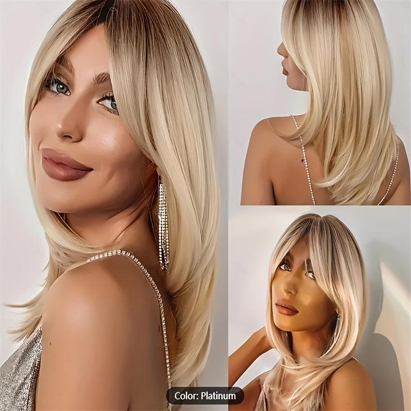 Long Blonde Wig Bangs Dark Roots Layered Synthetic Hair