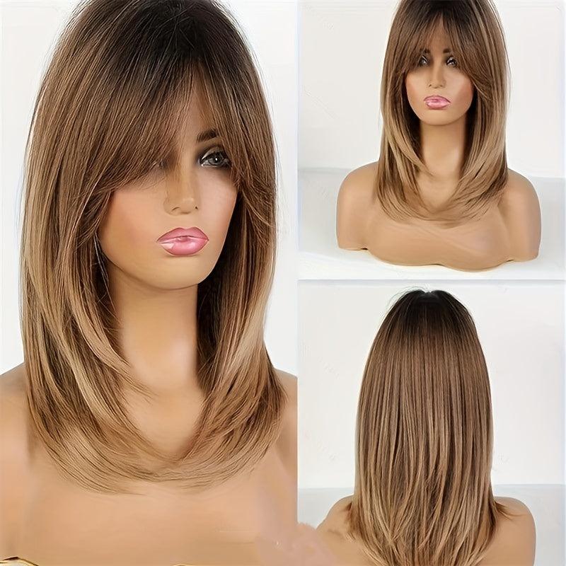 Long Blonde Wig Bangs Dark Roots Layered Synthetic Hair