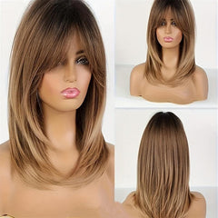 Long Blonde Wig Bangs Dark Roots Layered Synthetic Hair