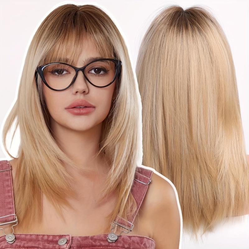 Long Blonde Wig Bangs Dark Roots Layered Synthetic Hair