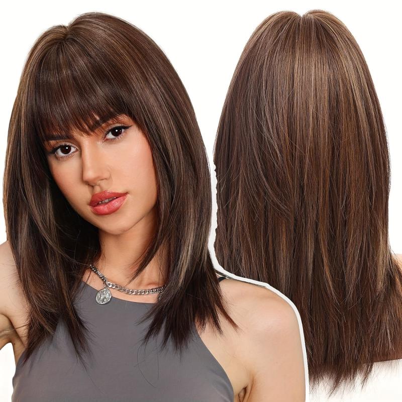 Long Blonde Wig Bangs Dark Roots Layered Synthetic Hair