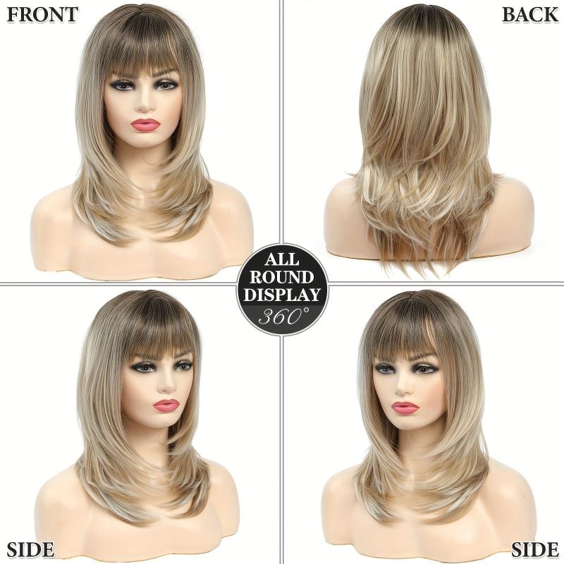 Long Straight Layered Synthetic Wig Ombre Brown Blonde Gray Ash With Bangs