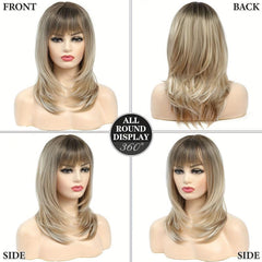 Long Straight Layered Synthetic Wig Ombre Brown Blonde Gray Ash With Bangs