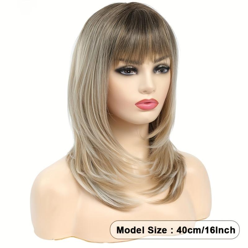 Long Straight Layered Synthetic Wig Ombre Brown Blonde Gray Ash With Bangs