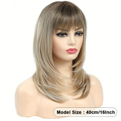 Long Straight Layered Synthetic Wig Ombre Brown Blonde Gray Ash With Bangs