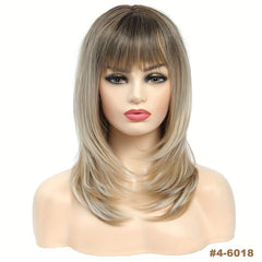 Long Straight Layered Synthetic Wig Ombre Brown Blonde Gray Ash With Bangs