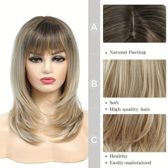 Long Straight Layered Synthetic Wig Ombre Brown Blonde Gray Ash With Bangs