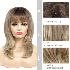 Long Straight Layered Synthetic Wig Ombre Brown Blonde Gray Ash With Bangs