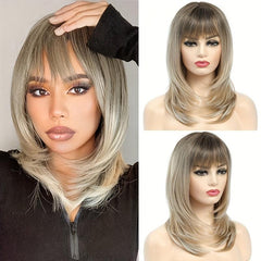 Long Straight Layered Synthetic Wig Ombre Brown Blonde Gray Ash With Bangs