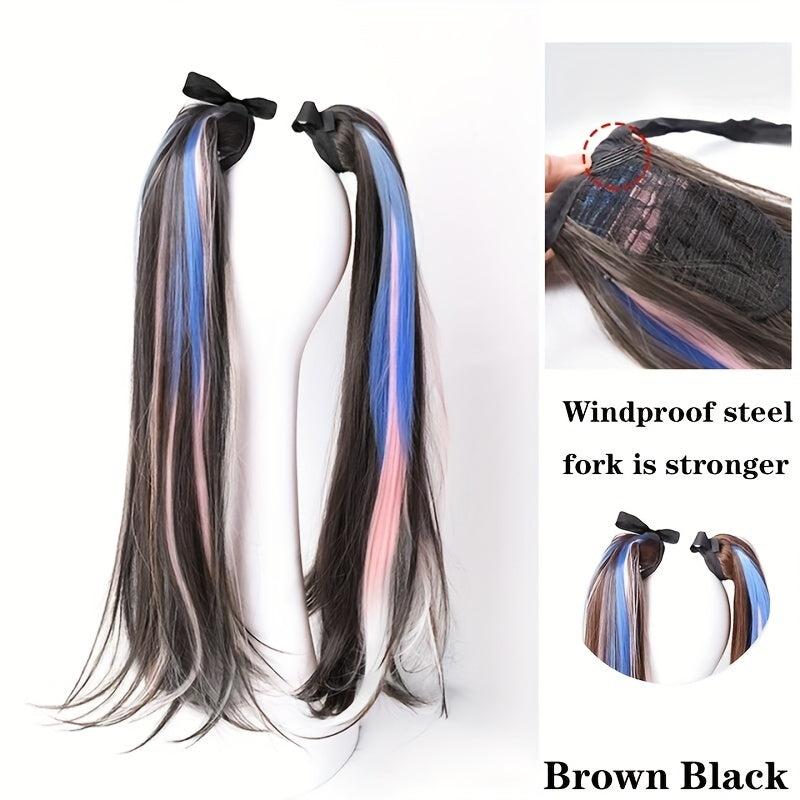 Long Straight Ponytail Hair Extension Brown Highlight Heat Resistant