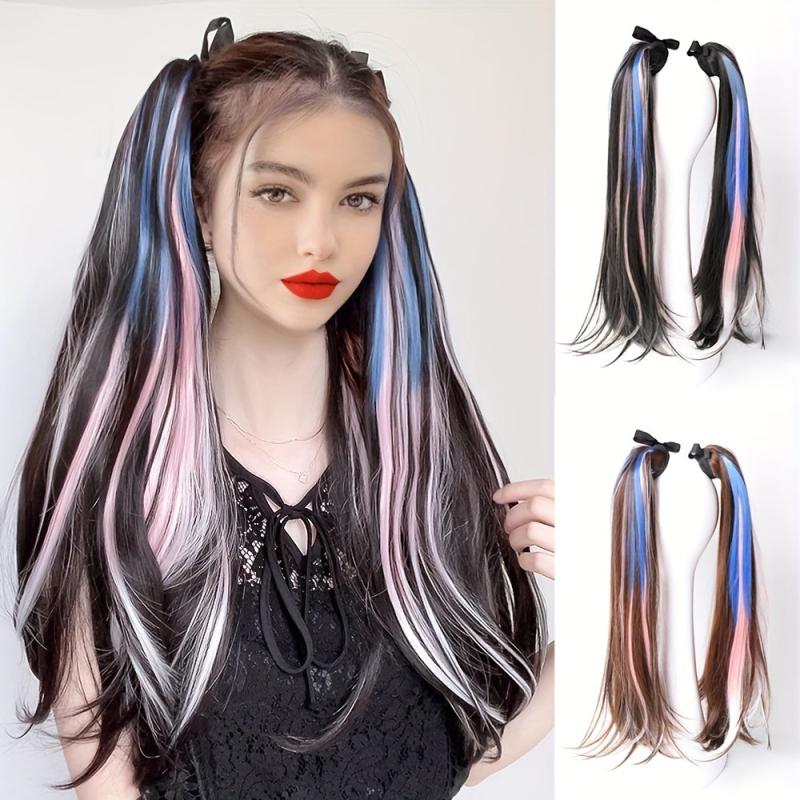 Long Straight Ponytail Hair Extension Brown Highlight Heat Resistant