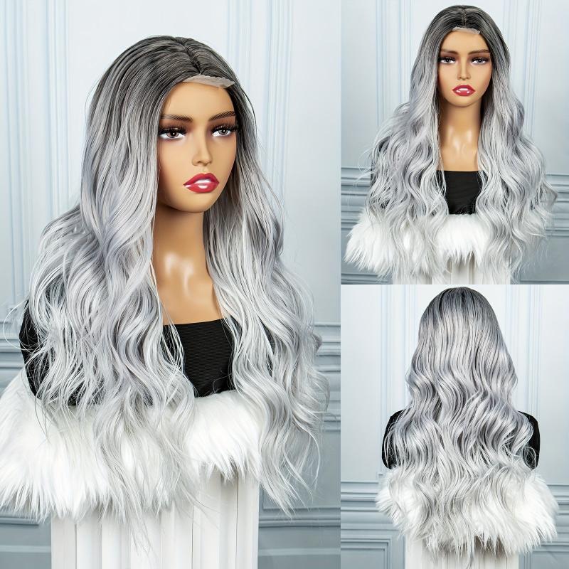 Long Wavy Curly Colored Wigs With Bangs Purple Omber Gray Synthetic Wig