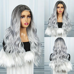 Long Wavy Curly Colored Wigs With Bangs Purple Omber Gray Synthetic Wig