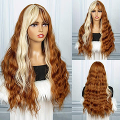 Long Wavy Curly Colored Wigs With Bangs Purple Omber Gray Synthetic Wig