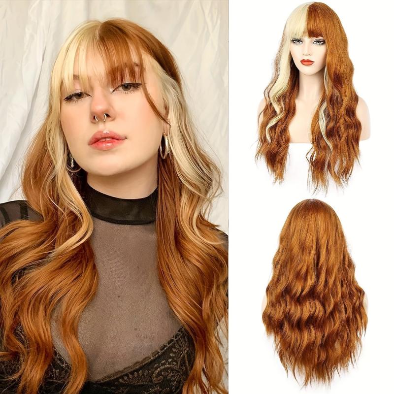 Long Wavy Curly Colored Wigs With Bangs Purple Omber Gray Synthetic Wig