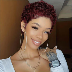 Short Pixie Kinky Curly Wig Burgundy Brown 10-16cm