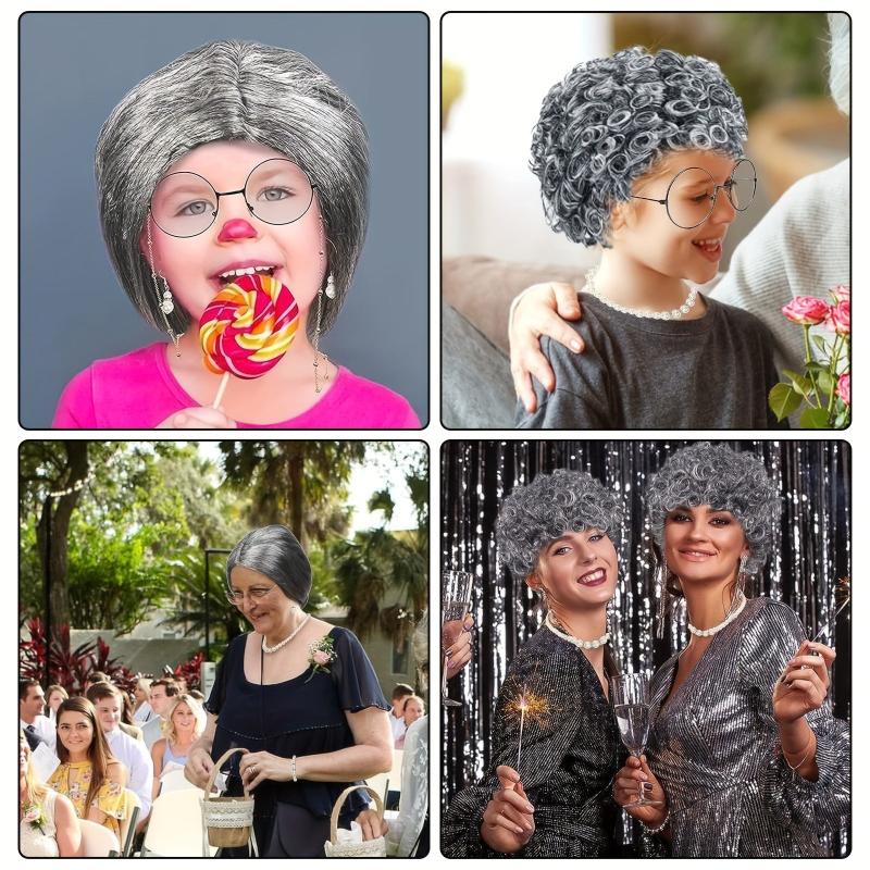 5 Pcs Old Lady Costume Wig Grandma Glasses Necklace Halloween Cosplay