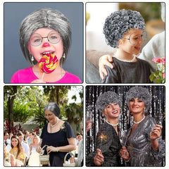 5 Pcs Old Lady Costume Wig Grandma Glasses Necklace Halloween Cosplay